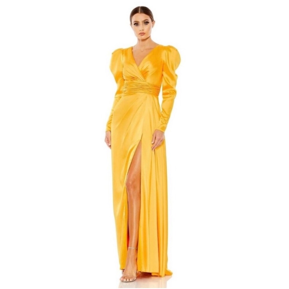 NWT Mac Duggal 12404 Faux Wrap Long SleeveA Line Gown Marigold size‎ 6  $398